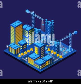 The night industrial construction home crane smart city Stock Vector