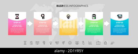 Infographics rectangle with 5 steps, arrows. Vector template used for diagram, flowchart, info graph, timeline, content, levels, chart, processes Stock Vector