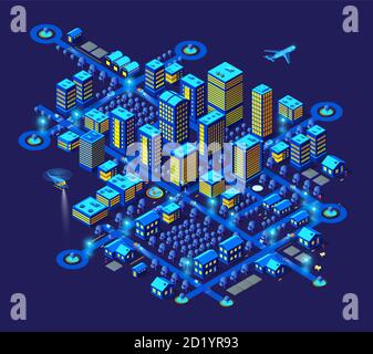 Smart city night neon ultraviolet set of buildings houses Stock Vector