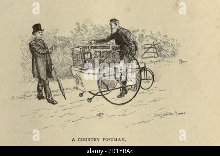 A country postman delivers mail on a tricycle from Cycling by The right Hon. Earl of Albemarle, William Coutts Keppel, (1832-1894) and George Lacy Hillier (1856-1941); Joseph Pennell (1857-1926) Published by London and Bombay : Longmans, Green and co. in 1896. The Badminton Library Stock Photo