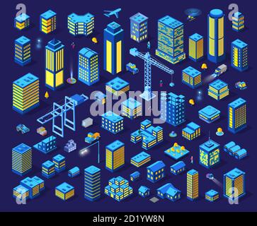 Set of city night neon ultraviolet set of isometric buildings Stock Vector