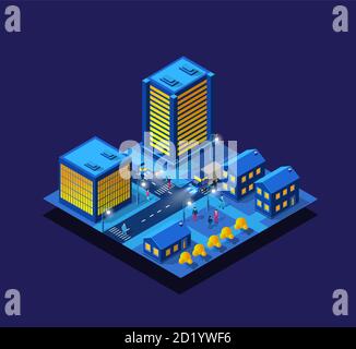 Smart city night neon ultraviolet set of buildings houses Stock Vector