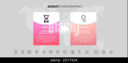 Infographics rectangle with 2 steps, arrows. Vector template used for diagram, business, web, banner, workflow layout, presentations, flowchart Stock Vector