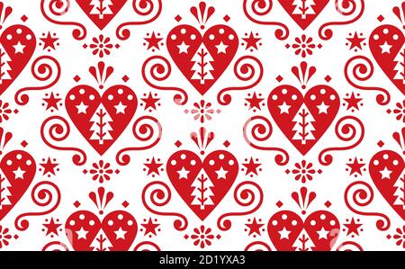 Christmas cute Scandinavian folk art vector red seamless pattern ...
