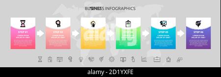 Infographics rectangle with six steps, arrows. Vector template used for diagram, workflow layout, presentations, info graph, timeline, content, levels Stock Vector