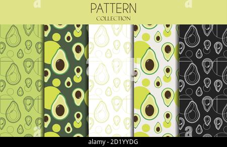 A set of seamless patterns with avocado. Flat design illustration with fruit in stylish green colors. Monochrome pattern . Black and white composition. Tropic exotic fruit. Health food, fabric wallpaper textile print sticker. Actual summer market and restaurant cafe cuisine. Stock Vector