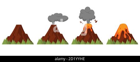 Vector set of volcanoes of varying degrees of eruption. Flat style illustration with isolated objects. Stock Vector