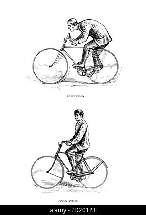 Good and Bad cycling Style from 'Cycling' by The right Hon. Earl of Albemarle, William Coutts Keppel, (1832-1894) and George Lacy Hillier (1856-1941); Joseph Pennell (1857-1926) Published by London and Bombay : Longmans, Green and co. in 1896. The Badminton Library Stock Photo