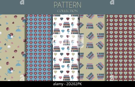 A set of seamless patterns with books, ice cream and hearts. Vector flat patterns in pastel colors. A stack of books with ice cream balls and topping. The inscription I love books . Illustrations for school, study, education, for children and students. Stock Vector