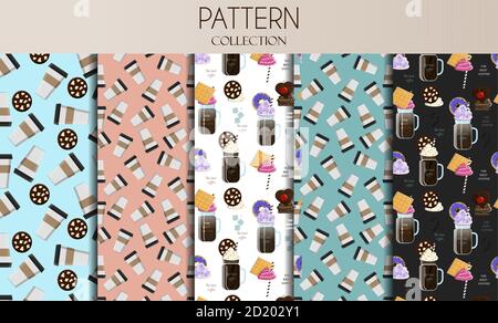 A set of seamless patterns with takeaway coffee cups and glass latte mugs. Patterns with different types of coffee, with toppings, cookies, whipped cream, cream, marshmallows, doughnuts, chocolate, waffles, and syrup. Cartoon vector illustrations. Summer pattern with cold coffee and sweets. Stock Vector