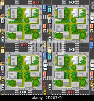 The top view is a map of the city district module block with town infrastructure Stock Vector