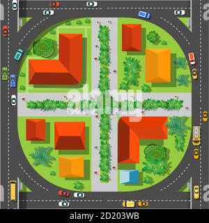 The top view is a map of the city district module block with town infrastructure Stock Vector