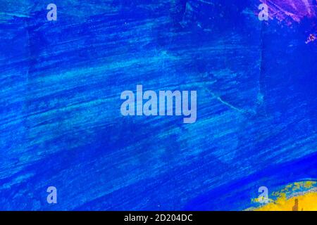 Abstract blue hand painted acrylic background with yellow and lilac spots. Spotted, creative. Stock Photo