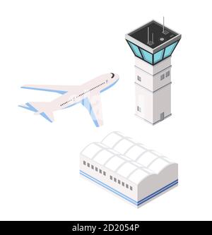 Airport runway control tower of transportation flights in the field Stock Vector