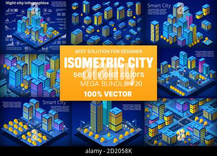 Night neon isometric city set of 3d module block district Stock Vector