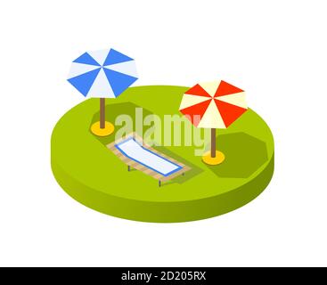 Isometric view of the sunny beach with umbrellas Stock Vector