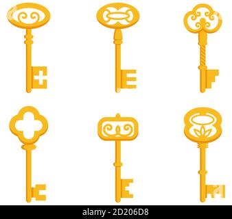 Set of vintage keys. Gold keys in cartoon style. Stock Vector