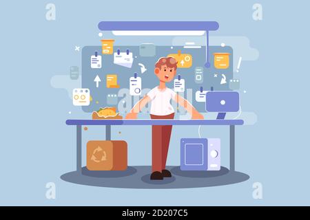 Guy with tasks pinned on chalkboard in flat style Stock Vector