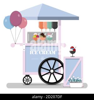 Flat cute ice cream cart. Diner in the Park, at the fair, street and festival. Vector illustration in pastel pink and blue tones. Point of sale of ice cream, Popsicle, Gelato, ice and milkshakes. Cold ice cream for children and adults on a walk in the fresh air. Stock Vector