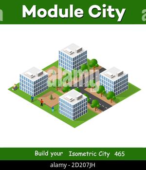 3D isometric city landscape of houses, gardens and streets Stock Vector