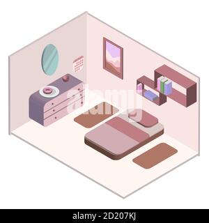 Isometric bedroom interior. Room design, design for games. Stock Vector