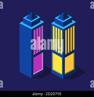 Set of isometric modern buildings Night business city 3D future Stock Vector