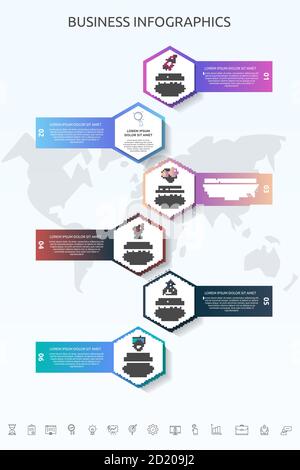 Vector infographic template hexagons for six icons, diagram, graph, presentation. Business concept with 6 steps. For content, flowchart, timeline Stock Vector