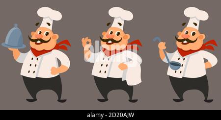 Chef in different poses. Male character in cartoon style. Stock Vector