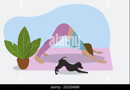 doggy yoga class. doing assana downward-facing dog Adho Mukha Svanasana Stock Vector