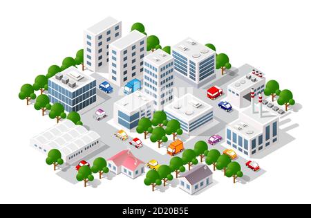 Isometric view of the city. Collection of houses 3D Stock Vector