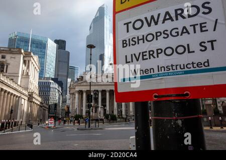 A quiet Bank Junction overlooking Bank of England and the Royal Exchange as a second coronavirus threatens the UK's economy, London, England, UK