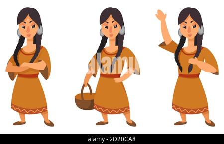 Native american girl in different poses. Female character in cartoon style. Stock Vector