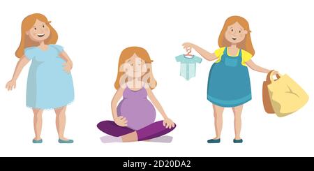 Vector set of pregnant women. Happy mother in pregnancy. Cartoon illustrations isolated on white background. Stock Vector