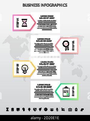 Infographics rectangle with 4 steps, arrows. Vector template used for diagram, business, web, presentations, flowchart, info graph, timeline, levels Stock Vector