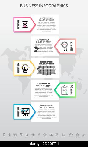 Infographics rectangle with 5 steps, arrows. Vector template used for diagram, flowchart, info graph, timeline, content, levels, chart, processes Stock Vector