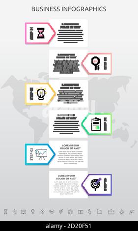 Infographics rectangle with six steps, arrows. Vector template used for diagram, workflow layout, presentations, info graph, timeline, content, levels Stock Vector