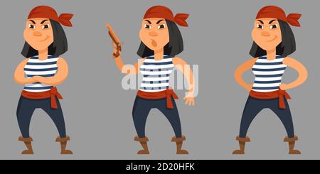 Beautiful pirate in different poses. Female character in cartoon style. Stock Vector