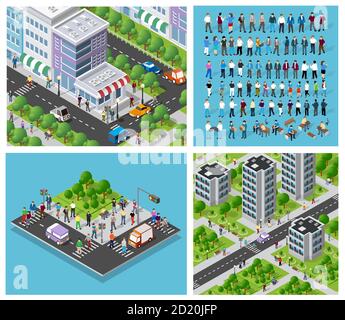 Isometric set of 3D city three-dimensional summer city quarter Stock Vector