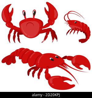 Seafood in cartoon style. Crab, shrimp and lobster. Stock Vector