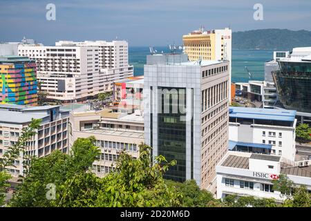 Kota Kinabalu, Malaysia - March 17, 2019: Kota Kinabalu aerial cityscape with modern office buildings and hotels Stock Photo