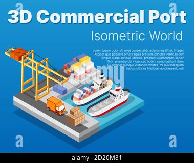 Isometric City industrial dock port with container cargo industry Stock Vector
