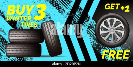 Car tires shop banner with discount offer, blue background. Brochure template with winter automobile wheels sale ad, vector illustration Stock Vector