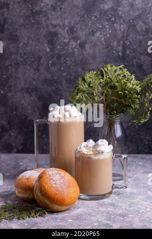 Fresh homemade fried christmas donuts with cocoa sprinkled with marshmallows in glass mugs with pine needles on a gray background Stock Photo
