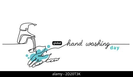 Global Handwashing Day minimalist line art border, web banner, simple vector background with hands and water that flows from the tap. Hand washing Stock Vector