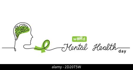 World Mental Health Day minimalist line art border, web banner, simple vector background with brains and green ribbon. One continuous line drawing Stock Vector