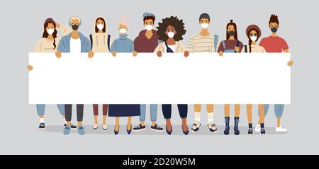 People wearing medical masks are holding a poster with copy space. Young boys and girls are holding a large sheet of paper with a place for text, concept illustration about protests. Flat vector illustration. Stock Vector