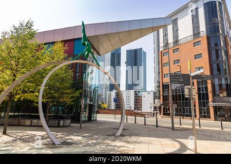 Modern architecture and artwork in Manchester city centre off Deansgate, UK. Stock Photo