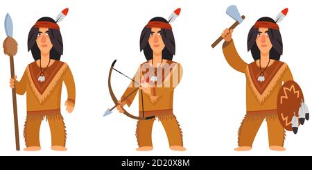 American indian in different poses. Male character in cartoon style. Stock Vector