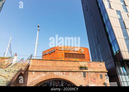 Deansgate-Castlefield tram stop on Greater Manchester's Metrolink light rail system in Manchester, UK. Stock Photo