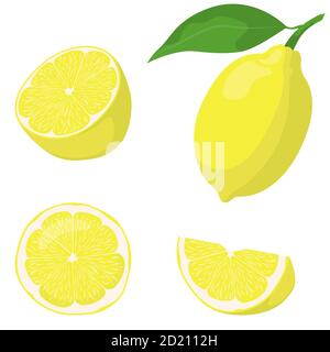 Whole and sliced lemon. Vector set in cartoon style isolated on white background. Stock Vector